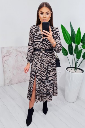 Sukienka midi z rękawem seila zebra czarny - ciemny beż