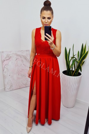 Sukienka długa z koronkową górą emma czerwona