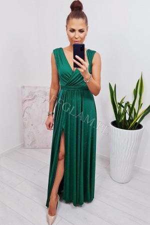 Sukienka długa dekolt kopertowy selena zielona brokat