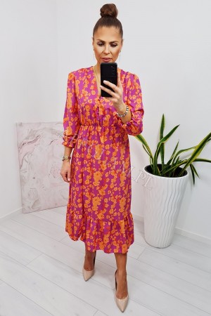 Sukienka midi z rękawem w kwiaty seila pomarańcz - fiolet